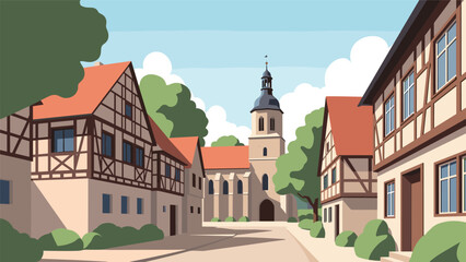 Charming street scene in a European village with half timbered houses leading towards a church with a tall steeple under a clear sky.