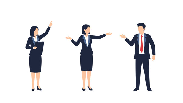 Group of professional business people wearing suits depicted in various presenting and pointing poses against a plain white background.