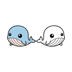 Obraz premium Adorable vector illustration of two cartoon whales, one blue and one white outline, ideal for playful children's designs and friendly marine graphic projects
