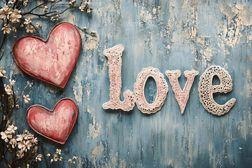 Retro vintage Valentine Day wallpaper with knitted and lace hearts, handcrafted love decoration, generative ai