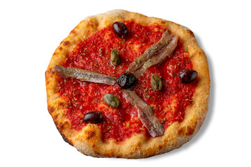 Marinara pizza (seafood pizza) with Cantabrian anchovies, olives, and tomato sauce, mini pizza isolated