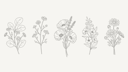 Elegant collection of delicate hand-drawn floral bouquet illustrations, perfect for botanical branding, wedding invitations, and nature-inspired design projects with a minimalist line art style