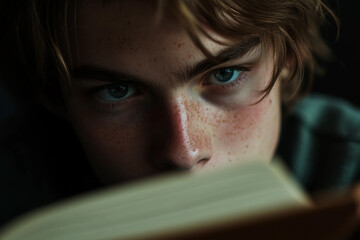 Student focused on book or laptop screen late at night preparing for test or school exam study session generative ai