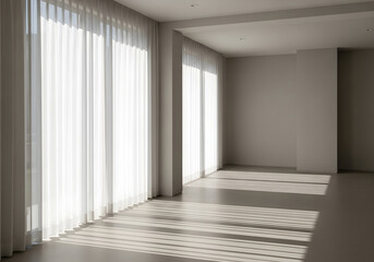 Obraz premium Serene empty room bathed in natural sunlight, highlighting sheer white curtains and creating inviting shadows on the floor, a concept of minimalist living and new beginnings