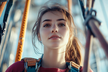 Generative AI image of a smiling person enjoying extreme bungee jumping adventure with scenic mountain landscape behind