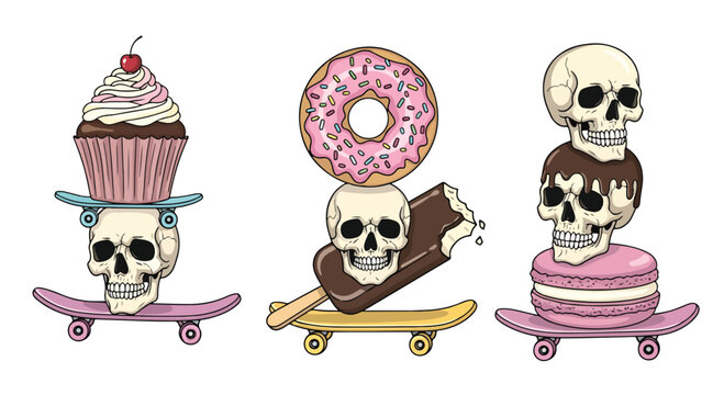 skulls on skateboards with cupcakes donuts and chocolate macarons