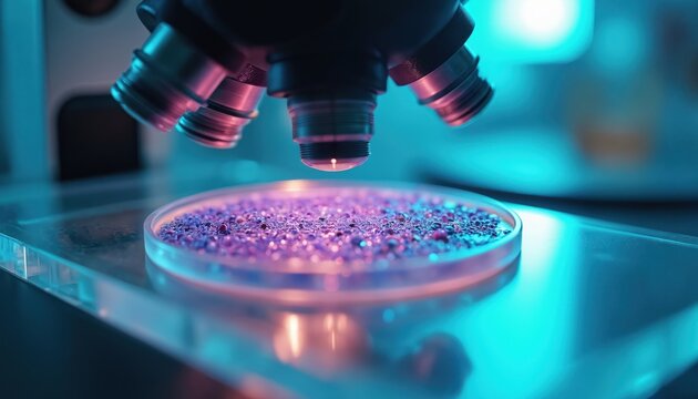 Microscopic view of purple specimens in petri dish under microscope. Science research in lab. Medical examination of cells for disease diagnosis and treatment discovery.