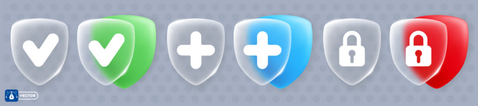 Glassy shields with tick, cross, lock signs. Icons or buttons are made of matte translucent glass with sparkling edges and glass morphism effect. Safety and protection concept. 3D Vector illustration