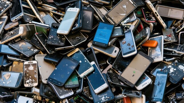 A large pile of discarded smartphones in various colors and models. The devices are damaged and scattered, showcasing electronic waste.