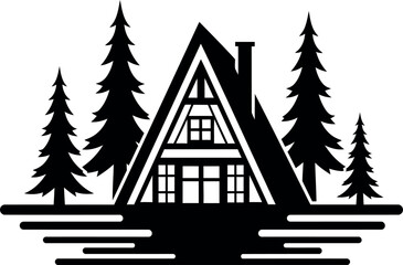 Obraz premium Cozy A-frame cabin nestled among tall pine trees in serene forest setting