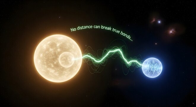 Glowing Sun and Blue Planet Connected by Energy Wave in Deep Space