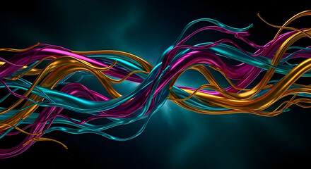 Abstract Swirling Ribbons of Gold, Teal, and Magenta