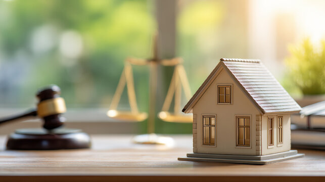 Real Estate Law and Justice: A balanced view of real estate through legal instruments and home model, a symbol of fairness, justice, and the complexities of property transactions.