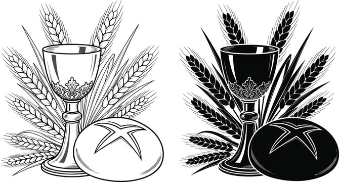 Christian communion chalice and bread illustration with wheat ears, black and white religious symbol artwork isolated on white background