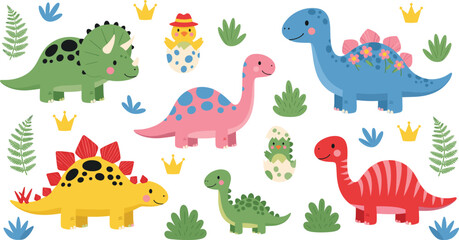 Collection of cute baby dinosaur characters featuring colorful Triceratops Stegosaurus Brachiosaurus and hatchlings with crowns and foliage for children's nursery design elements. © Hosneara