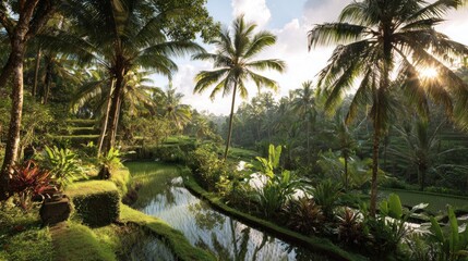 Fototapeta premium Lush tropical landscape features tiered cultivation fields bordered by dense palm forest and bright sunlight