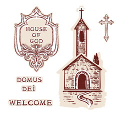 House of god church sticker motif collection for christian illustration set. Hand drawn vector elements church announcement card, welcome sign. Black and white modern aesthetic worshipfor retreat, 
