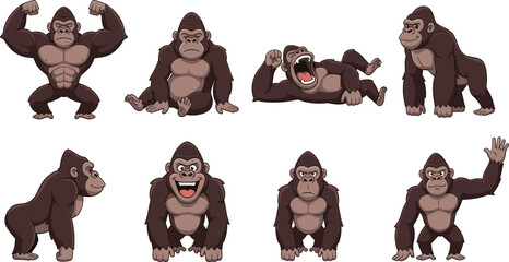 Collection of cartoon gorilla characters featuring various poses including sitting standing flexing muscles yawning and waving isolated on white background for mascot design. © Hosneara
