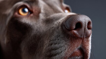 Close-up of chocolate labrador's nose and eyes against dark background