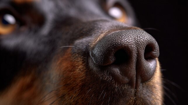 Close-up of rottweiler dog nose with detailed texture