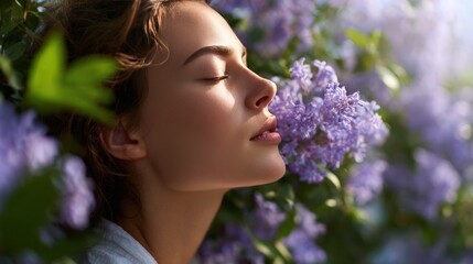 Naklejka premium Young caucasian female enjoying lavender scent in blooming garden