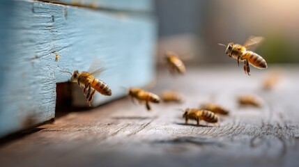 Honeybees in flight near blue hive entrance on sunny day