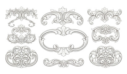 Fototapeta premium Engraved baroque border and floral scroll filigree design element vector isolated on transparent background