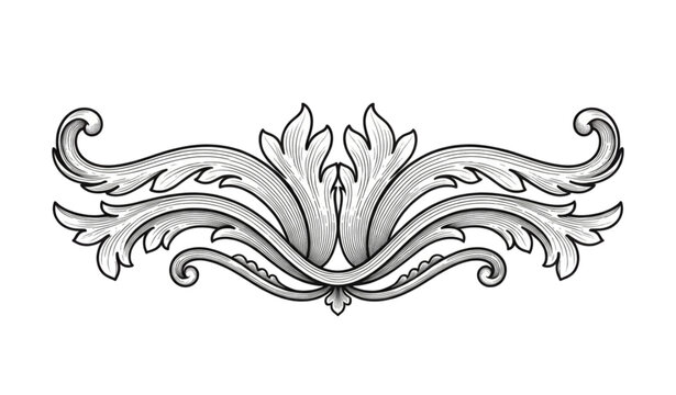 Retro baroque floral swirl filigree engraving ornament vector isolated on transparent background