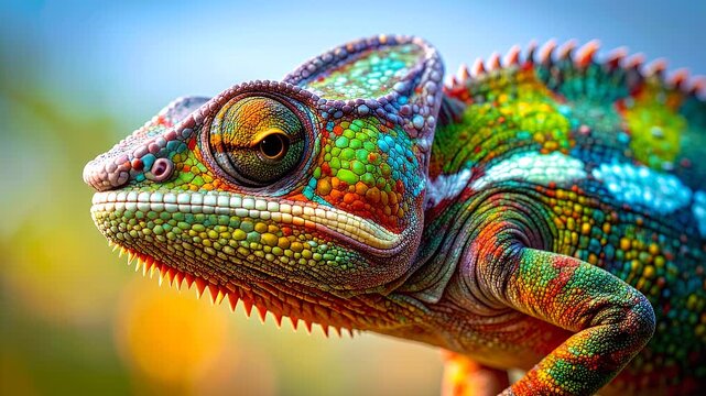 Ultra Colorful Chameleon Macro Close-Up, Vibrant Reptile Skin Texture, Exotic Wildlife Detail, Tropical Nature Camouflage, Cinematic Shallow Depth of Field, High Definition Animal Portrait