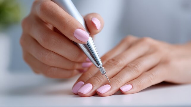 Close-up of woman's hand receiving manicure with electric nail file