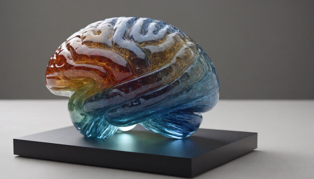 Transparent crystal human brain sculpture representing artificial intelligence mind, psychology and mental clarity on white background