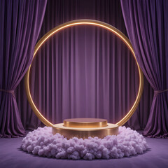 Golden stage spotlight circle with fluffy white cloud base on purple curtain theater background for performance event