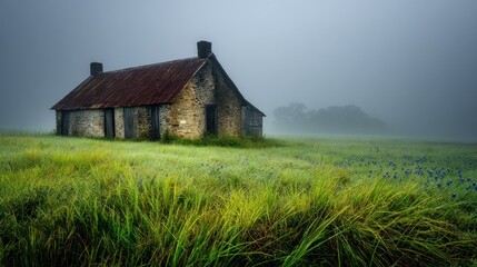 Ancient stone dwelling sits isolated within a misty green meadow landscape