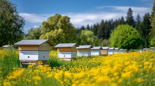 Beehives in blooming meadow with yellow wildflowers and lush greenery