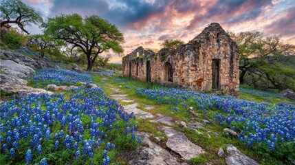 Dilapidated stone structure stands amidst a vibrant field of blue wildflowers at sunset