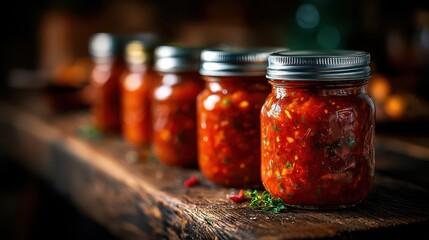 Homemade tomato sauce in glass jars on a rustic wooden table
