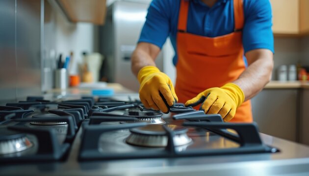 Technician wearing yellow gloves fixes gas stove burner in kitchen. Man repairs appliance with tool, checks gas line connection. Home cooking equipment service.
