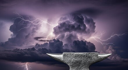 Abstract thunderhead anvils forged from storm clouds, purple and silver lightning sky
