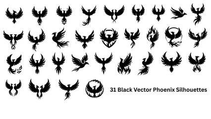 A collection of 31 intricate black phoenix silhouettes, symbolizing rebirth, resilience, and transformation, ready for your creative projects.