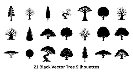 A collection of 21 black vector tree silhouettes showcase diverse arboreal forms, each meticulously designed to embody the unique elegance of different tree types.