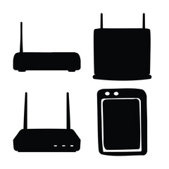 Obraz premium Collection of essential electronic devices including network routers, a modem, and a mobile tablet