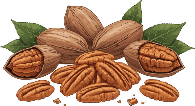 Realistic Pecan Nuts Illustration Featuring Whole Shells and Cracked Kernels