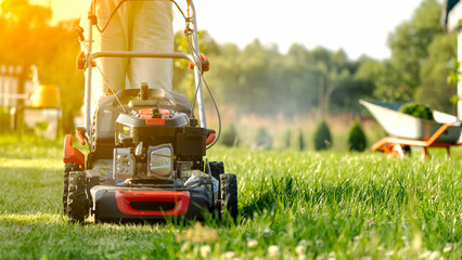 Obraz premium woman with lawn mower in garden plot