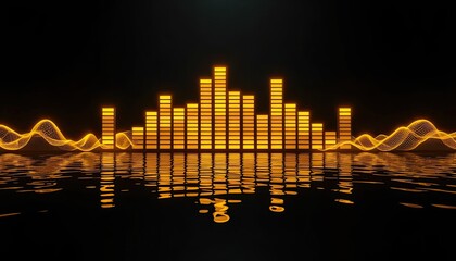 Golden sound wave graphic with equalizer bars on dark background