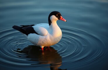 Obraz premium Shelduck swims in calm blue water reflecting sunset light. Black and white waterfowl has bright orange beak and red legs. Bird in pond during golden hour.