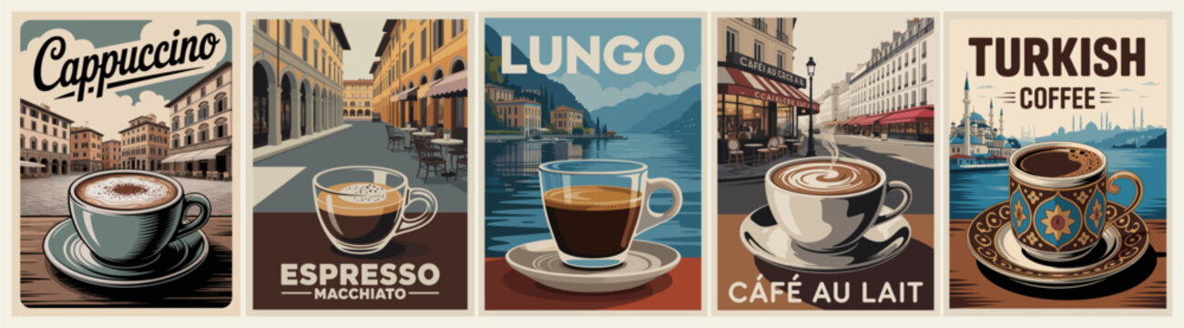 Retro travel style poster series featuring European coffee drinks and cafe scenes with muted colors and classic illustration design.