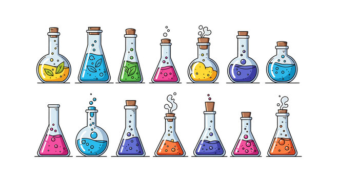 Colorful cartoon laboratory glassware with various liquids and bubbles on white background