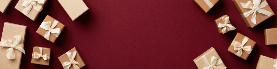 Fototapeta premium Assorted gift boxes with cream ribbons on burgundy background
