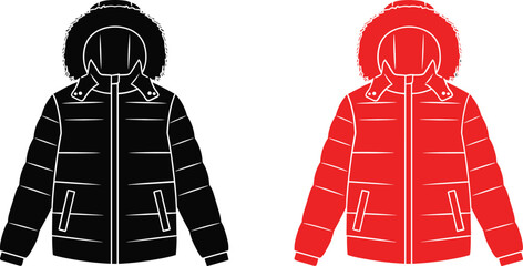Black and red puffer jackets with fur-lined hood black jacket red jacket winter clothing © Shamim creative 