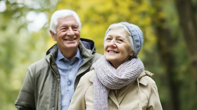 Senior couple walking together outdoors, active aging and companionship, happiness in retirement.